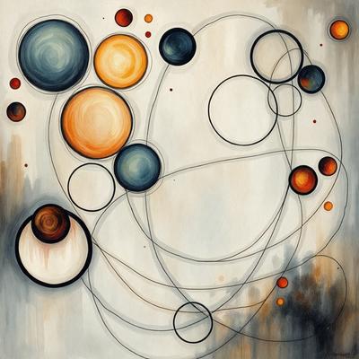 The primary subject of the image is a painting featuring a variety of circles and orbs. The setting is a white background, and the visual style appears to be a combination of digital art and illustration. The painting has a vibrant and lively atmosphere, with the dominant colors being shades of orange, blue, and white. The circles and orbs are scattered throughout the painting, creating a sense of depth and complexity.